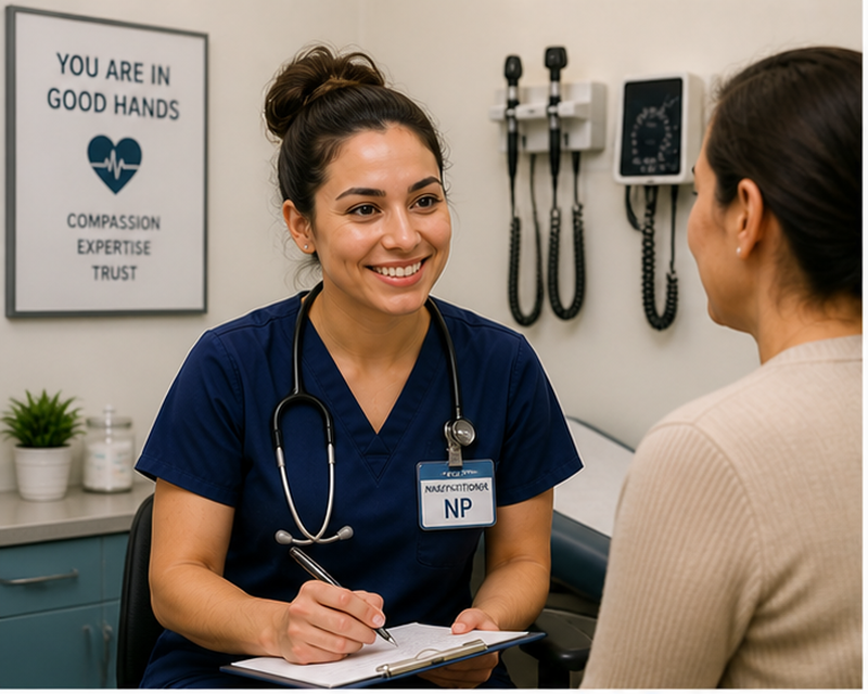 Nurse practitioner salary USA showing healthcare provider with patients