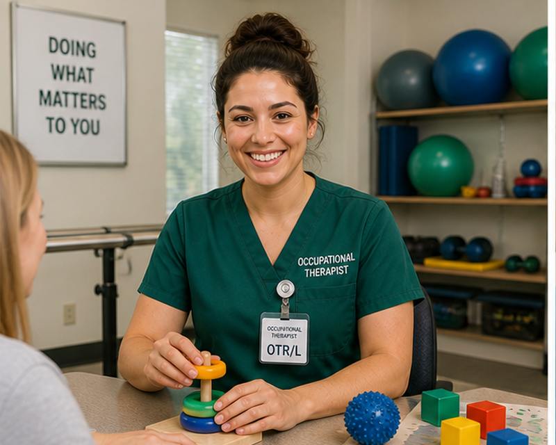 Occupational therapist salary USA showing professional working with client in therapeutic setting