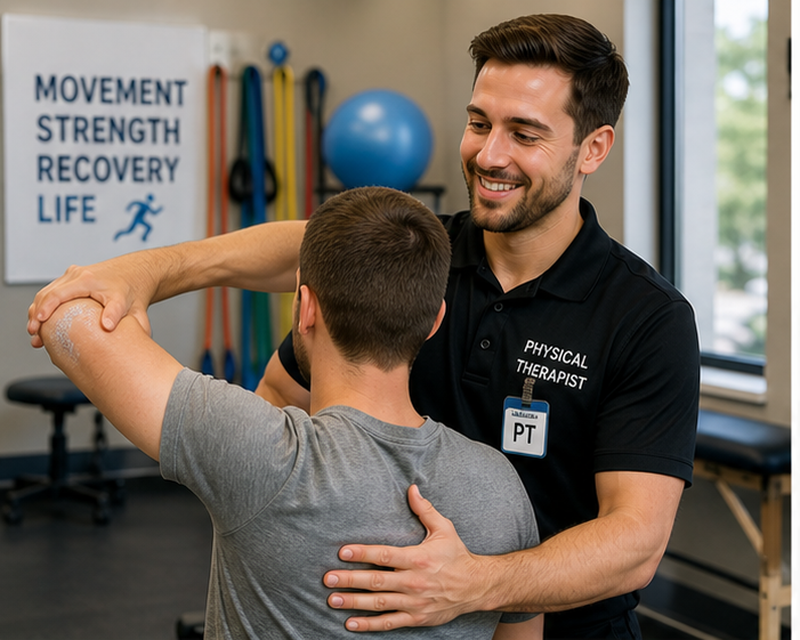 Physical therapist salary USA showing therapist working with patient rehabilitation