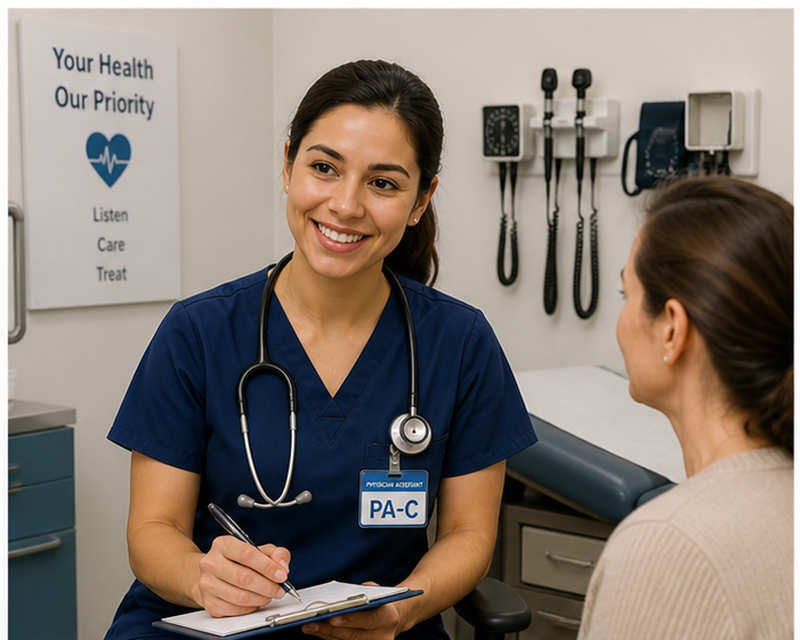 Physician assistant salary USA showing healthcare provider with patients