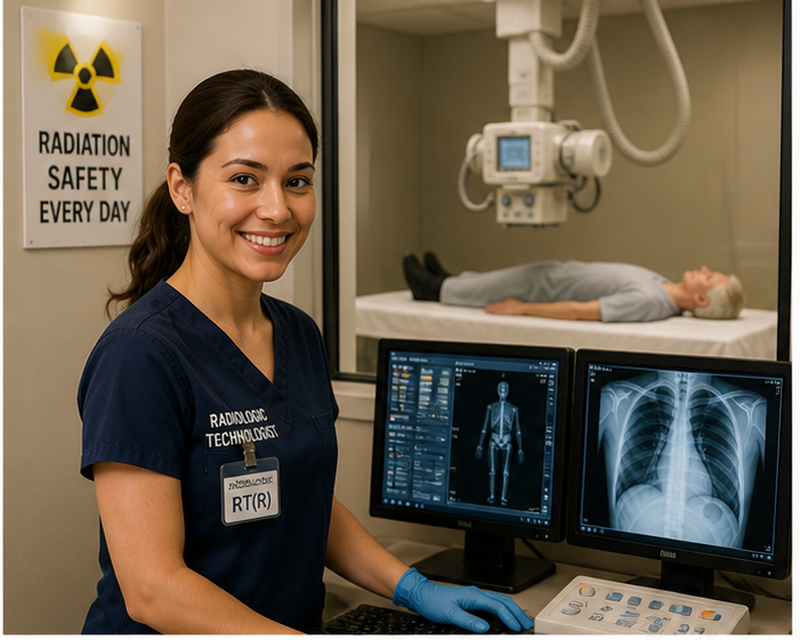 Radiologic technologist salary USA showing technologist operating imaging equipment
