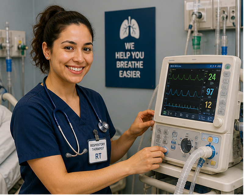 Respiratory therapist salary USA showing therapist assisting patient with breathing