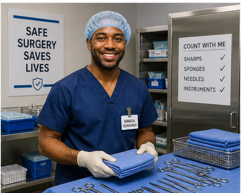 Surgical technologist salary by state showing modern surgical suite and operating room